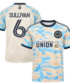 Front and back of cream and sky-blue Philadelphia Union Sullivan No. 6 youth jersey