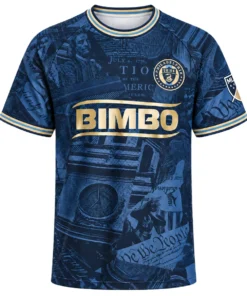 Cavan Sullivan Philadelphia Union 2026 Home Jersey front with navy historical collage and gold BIMBO design