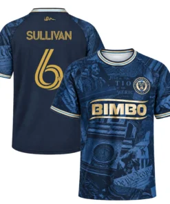 Front and back of Sullivan No. 6 Philadelphia Union navy jersey with gold details and 1776 artwork