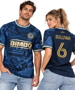 Model wearing Cavan Sullivan Philadelphia Union navy home jersey with historic graphics