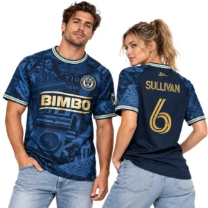 Model wearing Cavan Sullivan Philadelphia Union navy home jersey with historic graphics