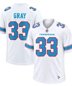 Cedric Gray Tennessee Titans White Jersey front and back views featuring TENNESSEE lettering, GRAY name and blue number 33