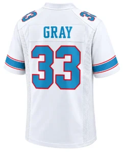 Back view of white Cedric Gray Titans jersey featuring GRAY lettering and large blue number 33 outlined in red