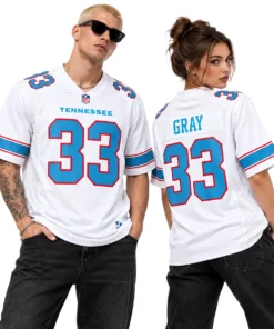 Man and woman wearing matching Cedric Gray Titans white jerseys, displaying front number 33 and GRAY 33 back graphics