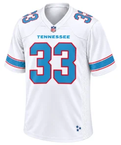 Front view of Cedric Gray Tennessee Titans white football jersey with blue number 33, red outlines and striped sleeves