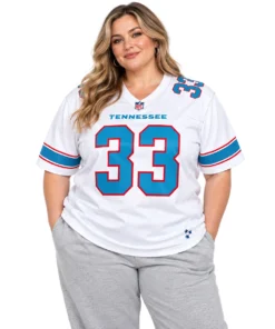 Female model wearing Cedric Gray Titans white number 33 football jersey with blue-and-red sleeve stripes and gray sweatpants