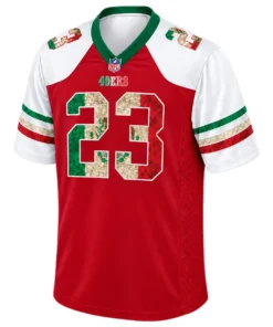 Front view of Christian McCaffrey 49ers Mexico jersey with red body, white sleeves, camouflage number 23 and green collar