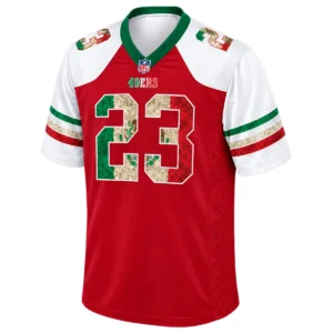 Front view of Christian McCaffrey 49ers Mexico jersey with red body, white sleeves, camouflage number 23 and green collar