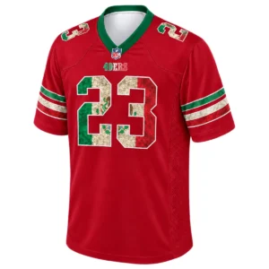 Front view of red Christian McCaffrey 49ers Mexico jersey featuring green camouflage number 23, gold outlines and green collar trim