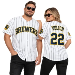 Christian Yelich Pinstripe Home Jersey Exclusive Brewers Gear Men Women