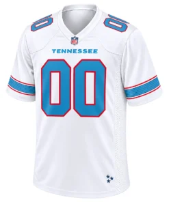 Front view of custom Tennessee Titans white football jersey with TENNESSEE lettering, blue 00 numbers and red outlines