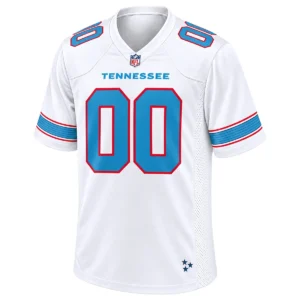 Front view of custom Tennessee Titans white football jersey with TENNESSEE lettering, blue 00 numbers and red outlines