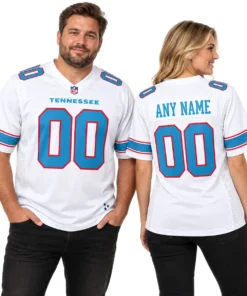 Man and woman wearing matching Tennessee Titans white football jerseys, showing front and personalized back designs