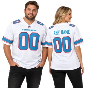 Man and woman wearing matching Tennessee Titans white football jerseys, showing front and personalized back designs