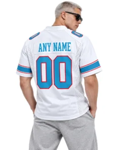 Male model wearing white Tennessee Titans jersey with custom ANY NAME and number 00 on the back