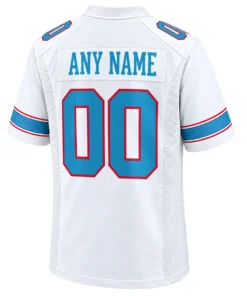 Back view of white Tennessee Titans custom jersey featuring ANY NAME above blue and red outlined number 00