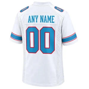 Back view of white Tennessee Titans custom jersey featuring ANY NAME above blue and red outlined number 00