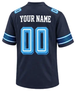 Back view of navy Custom Tennessee Titans Women's Jersey with YOUR NAME text and light blue number 00