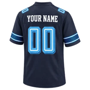 Back view of navy Custom Tennessee Titans Women's Jersey with YOUR NAME text and light blue number 00
