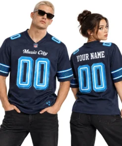 Couple wearing matching navy Tennessee Titans custom jerseys showing Music City front graphics and YOUR NAME 00 back design