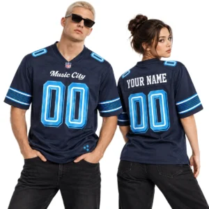 Couple wearing matching navy Tennessee Titans custom jerseys showing Music City front graphics and YOUR NAME 00 back design
