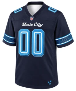 Front view of navy Custom Tennessee Titans Women's Jersey with Music City script and light blue number 00