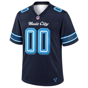 Front view of navy Custom Tennessee Titans Women's Jersey with Music City script and light blue number 00