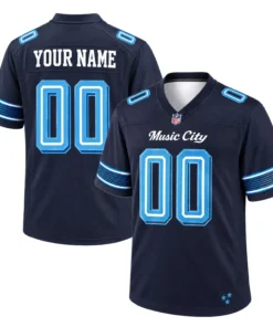 Custom Tennessee Titans Women's Jersey front and back views in navy with Music City script and personalized name and number 00