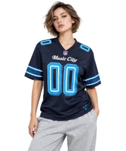 Woman wearing a navy Custom Tennessee Titans Women's Jersey with Music City front script and number 00