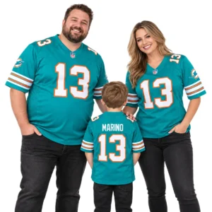 Family wearing matching aqua Miami Dolphins jersey styles with retro football details