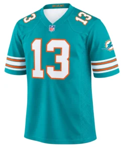 Dan Marino Aqua Jersey front with white number 13, orange trim and striped sleeves