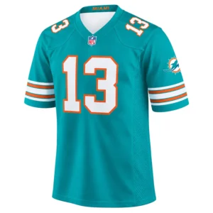 Dan Marino Aqua Jersey front with white number 13, orange trim and striped sleeves