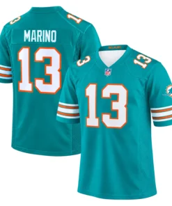 Miami Dolphins retro jersey front and back featuring Marino number 13 in aqua