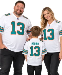 Family wearing matching Miami Dolphins throwback jersey styles in white aqua and orange