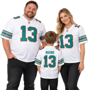 Family wearing matching Miami Dolphins throwback jersey styles in white aqua and orange