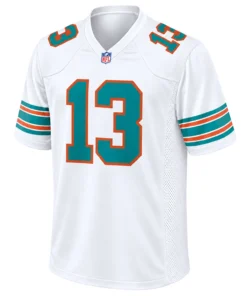 Dan Marino White Throwback Jersey front with aqua number 13 and orange trim