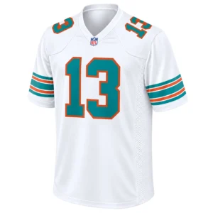 Dan Marino White Throwback Jersey front with aqua number 13 and orange trim
