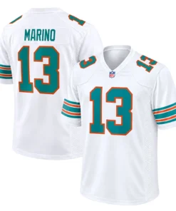 White Miami Dolphins jersey front and back featuring Dan Marino number 13