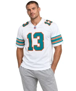 Model wearing a Marino #13 jersey in white with aqua and orange throwback details