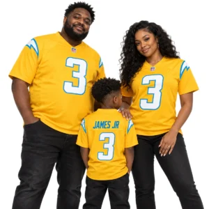 Family wearing matching Derwin James Jr. number 3 gold football jerseys