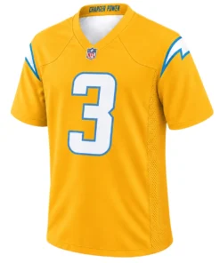 Derwin James Jr. Gold Jersey front with white number 3 and blue lightning details