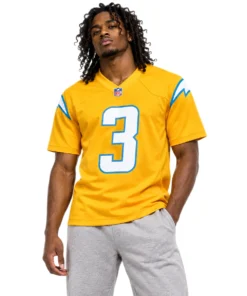 Model wearing a Los Angeles Chargers Gold Jersey with white number 3 and blue bolts