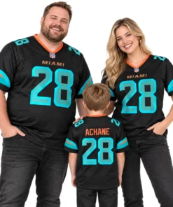 Family wearing matching Dolphins alternate football jersey styles in black