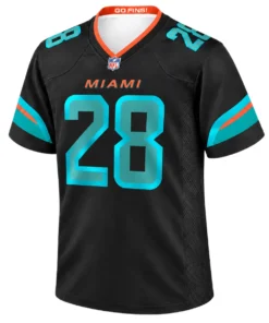 De'Von Achane Miami Dolphins Jersey front with aqua number 28 on black