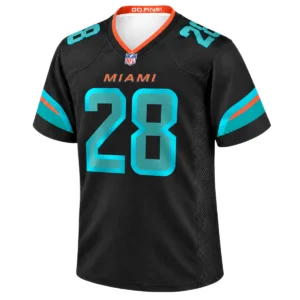 De'Von Achane Miami Dolphins Jersey front with aqua number 28 on black