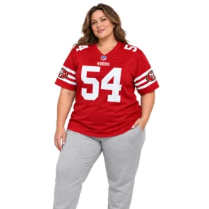 Women wearing a Fred Warner Red Jersey with white number 54 and striped sleeves
