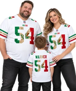 Father, mother and young son wearing matching white Fred Warner 49ers Mexico jerseys with tricolor number 54 graphics