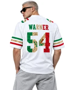 Male model wearing Fred Warner white Mexico-inspired 49ers jersey showing WARNER name and green gold red number 54