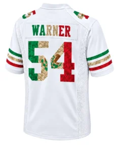 Back view of Fred Warner 49ers white jersey with WARNER lettering, Mexican flag-inspired number 54 and matching sleeve stripes