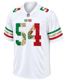 Front view of Fred Warner white San Francisco 49ers Mexico-inspired jersey with green gold red number 54 and tricolor sleeve stripes